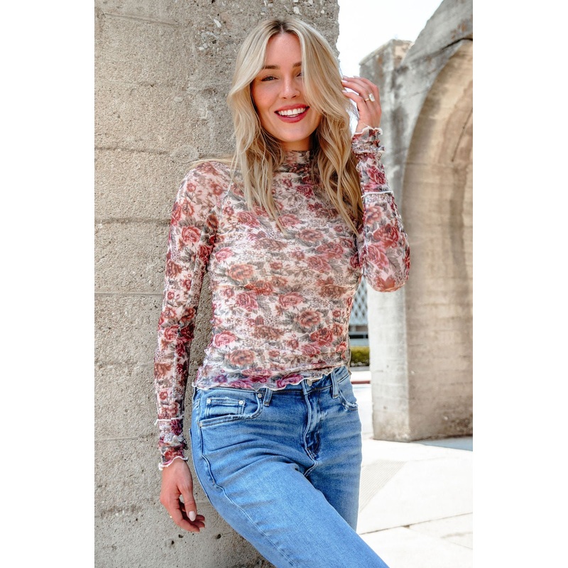 Cream Floral Mesh Mock Neck Top Small