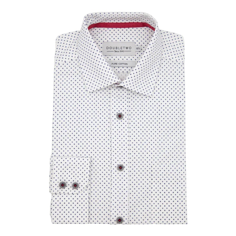 Double Two Long Sleeve Navy Cross Print Shirt White 18.5