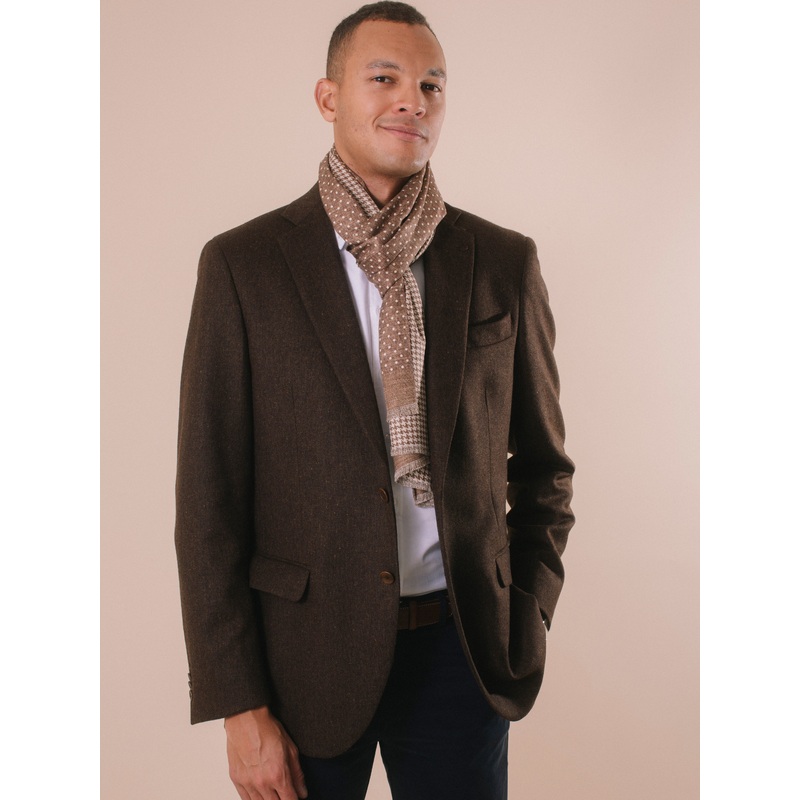 William David Dogtooth & Spot Printed Silk Scarf Brown One Size