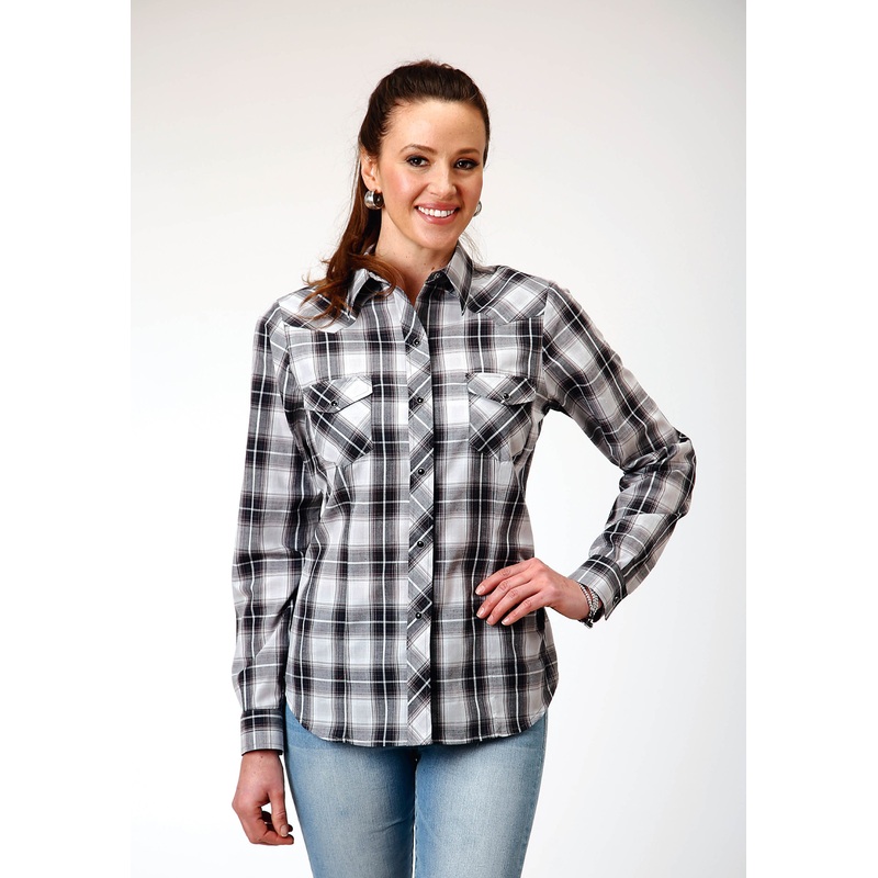 Womens Long Sleeve Snap Black Aqua Grey Plaid Western Shirt XS