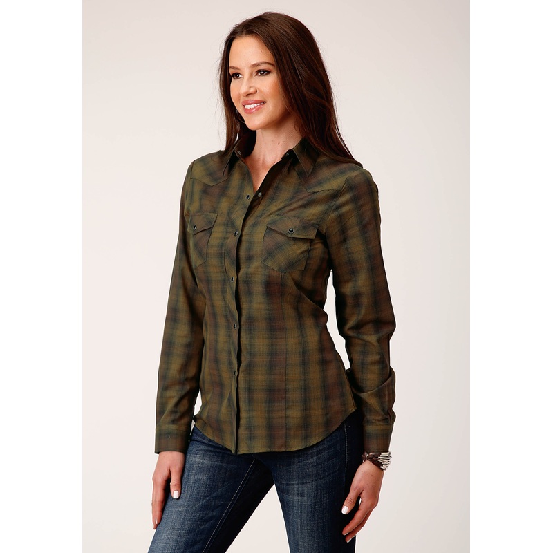 Womens Long Sleeve Snap Black Gold Plaid Western Shirt XS