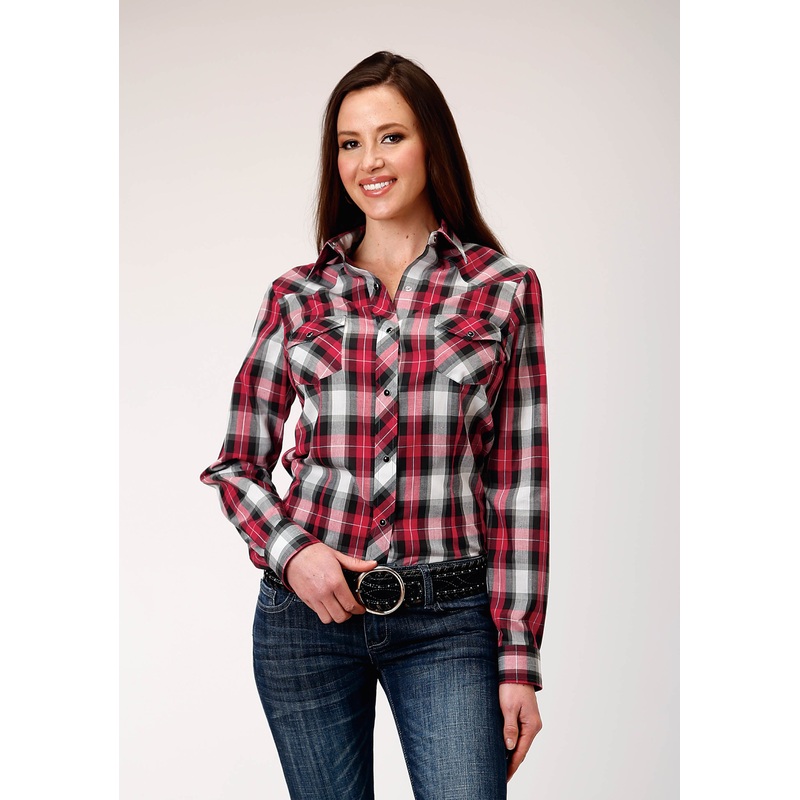 Womens Long Sleeve Snap Red Black Grey Plaid Western Shirt XS