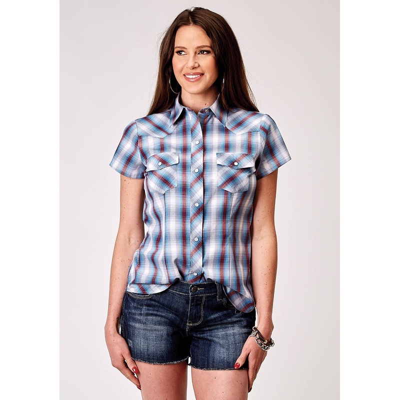 Womens Short Sleeve Snap Americana Plaid Western Shirt XS
