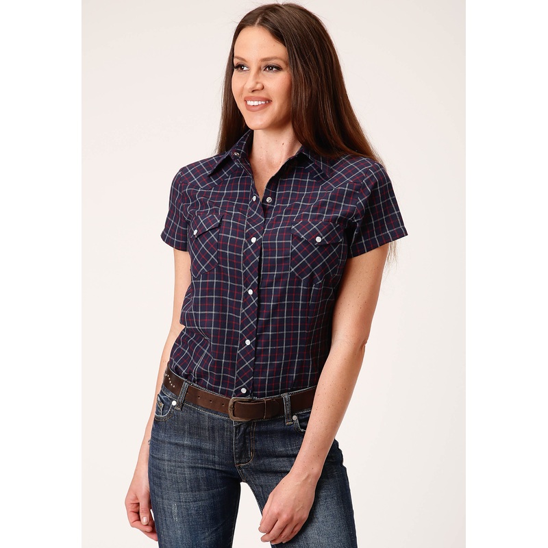 Womens Short Sleeve Snap Navy Red White Windowpane Plaid Western Shirt XS