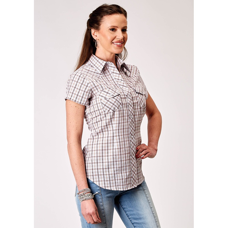 Womens Short Sleeve Snap Vintage Plaid Western Shirt XS