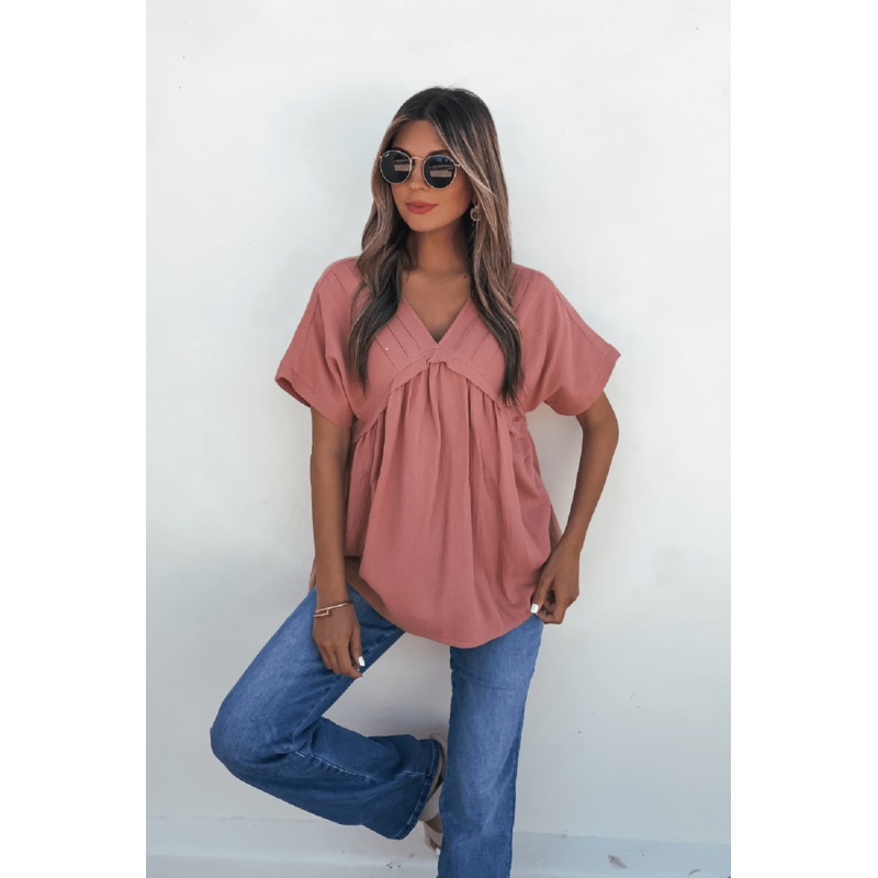 Addison Coral Pleated Tunic Top Small