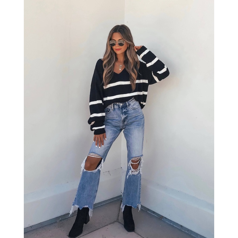 Black and White Striped V Neck Sweater Small