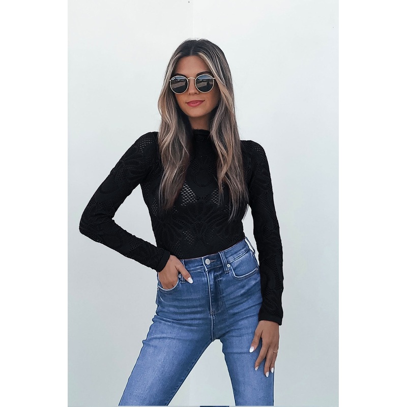 Black Mock Neck Fishnet Top Small/Medium