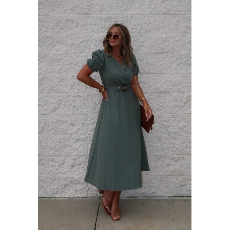 Breland Olive Belted Midi Dress Small