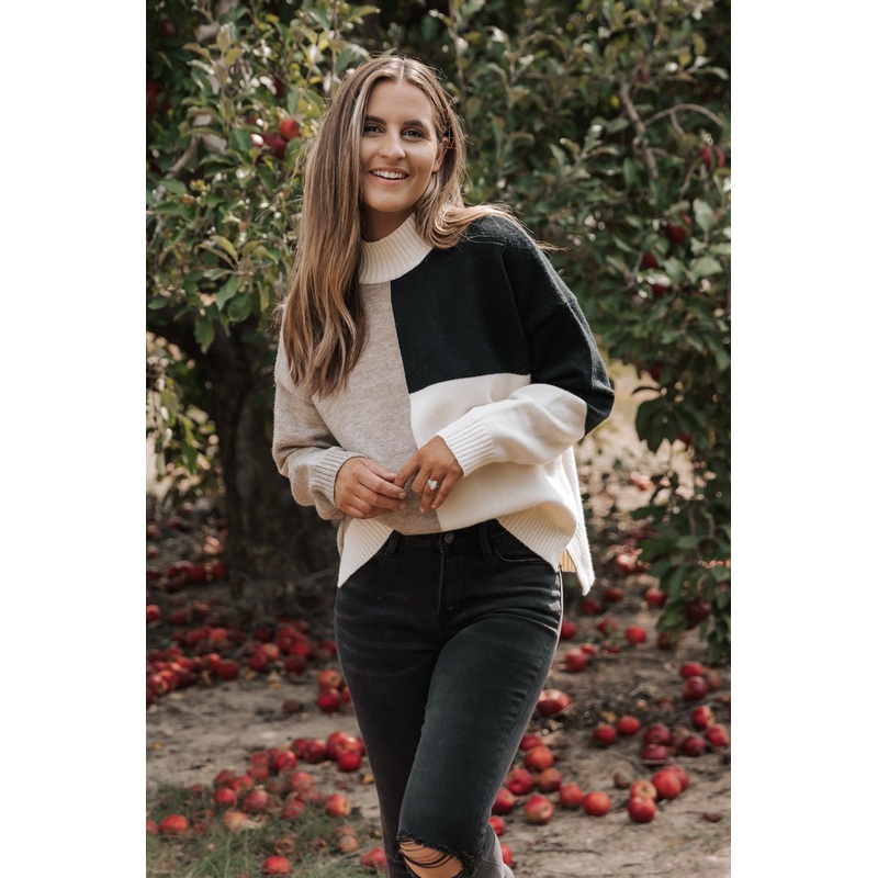 Cream Color Block Turtleneck Sweater S