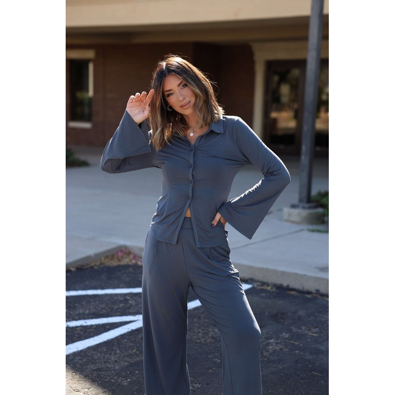 Elan Grey Half Button Up Top Small