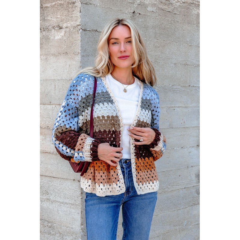 Elan Multi Striped Crochet Open Cardigan Small