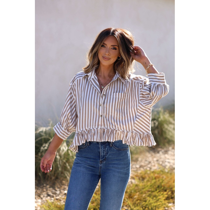 Free People Neutral Bailey Stripe Shirt Small
