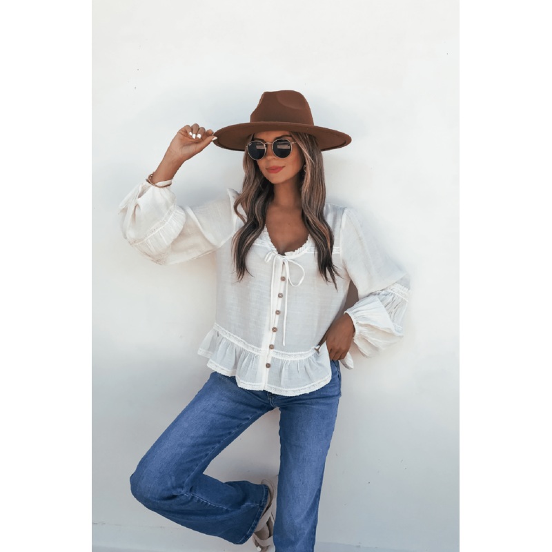 Hadley Cream Ruffle Lace Trim Blouse Small