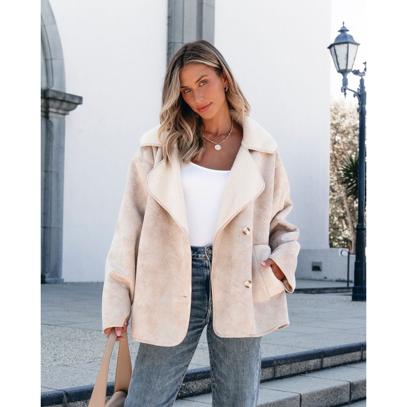 Muse By Magnolia Faux Suede Sherpa Jacket – Beige Small