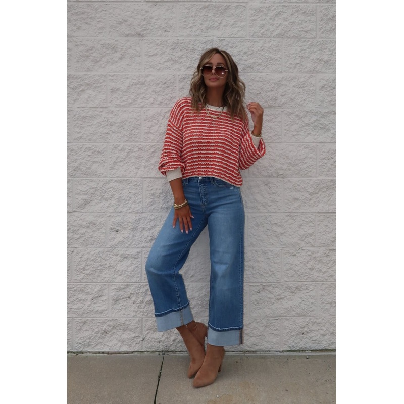 Reina Coral Textured Stripe Sweater Small