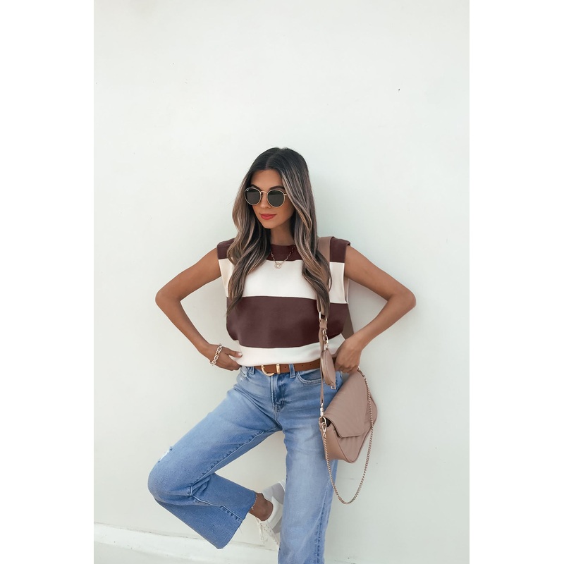 Sleeveless Brown and Cream Striped Sweater Small