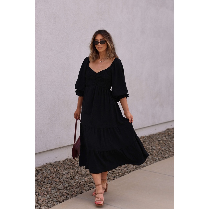 Autumn Nights Black Tiered Midi Dress Small