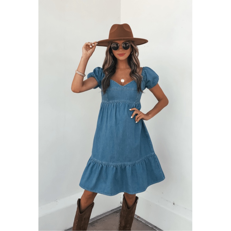 Blue Denim Tiered Mini Dress – DOORBUSTER Small