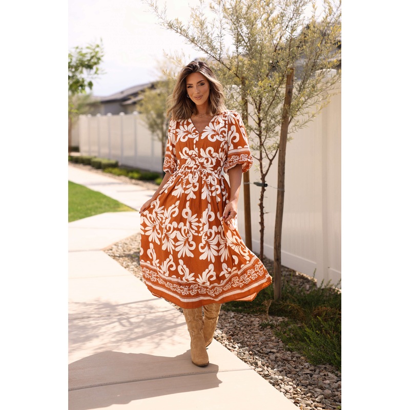 Cider Lane Caramel Print Midi Dress Small