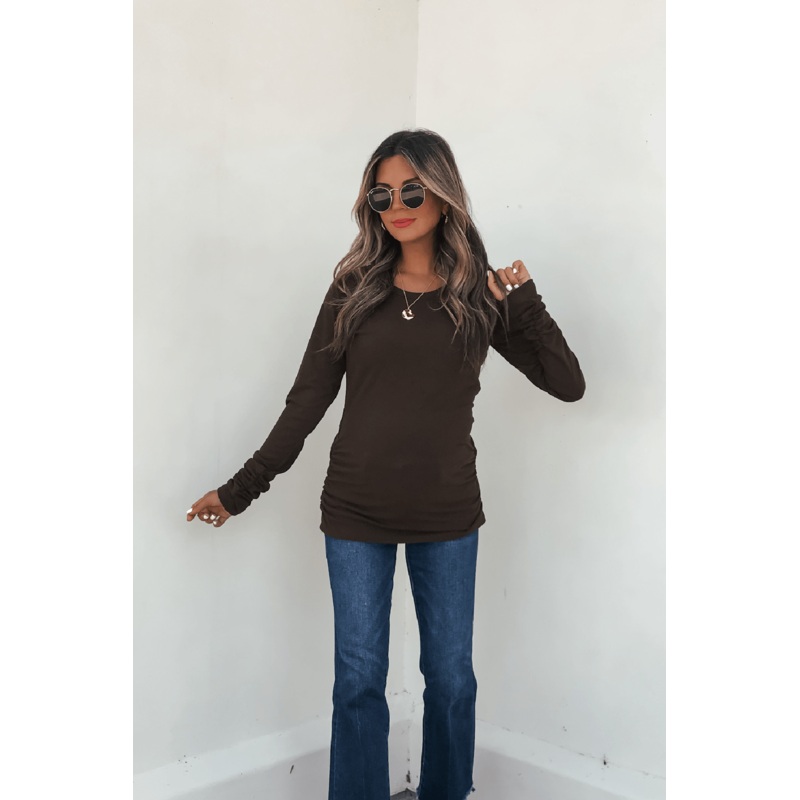 Dark Brown Ruched Sleeve Ribbed Top Small