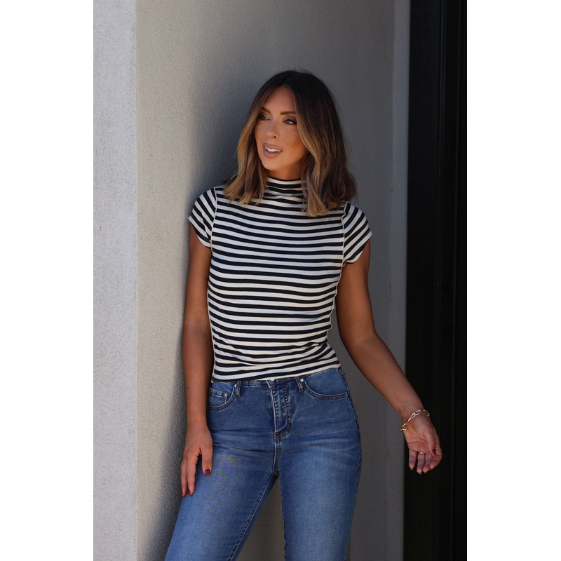Free People Black & White Lola Stripe Tee Small