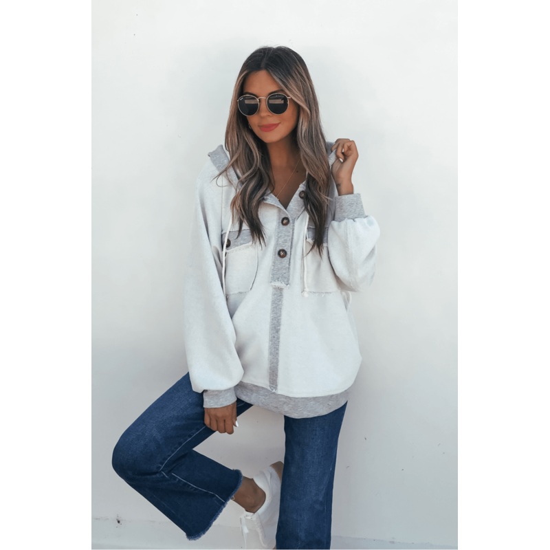 Grey Contrast Half Button Up Hooded Sweatshirt Small