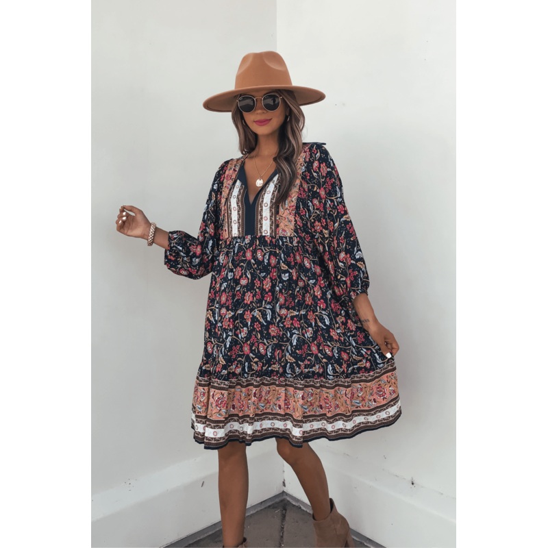 Navy Floral Border Print Mini Dress Small