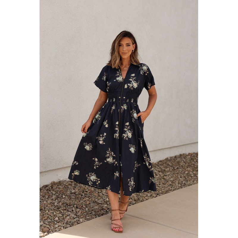 Pumpkin Spice Black Floral Zip Midi Dress Small