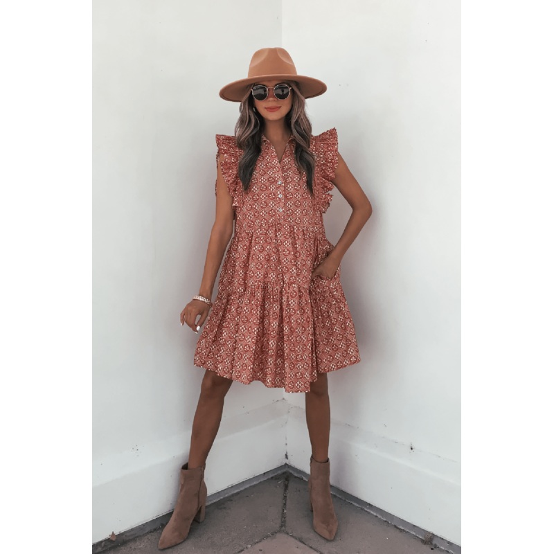 Rust Print Flutter Sleeve Mini Dress Small