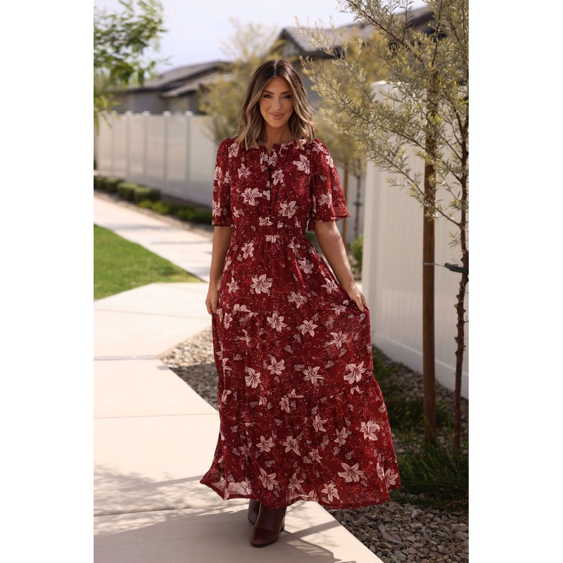 Rustling Leaves Wine Floral Print Maxi Dress Small