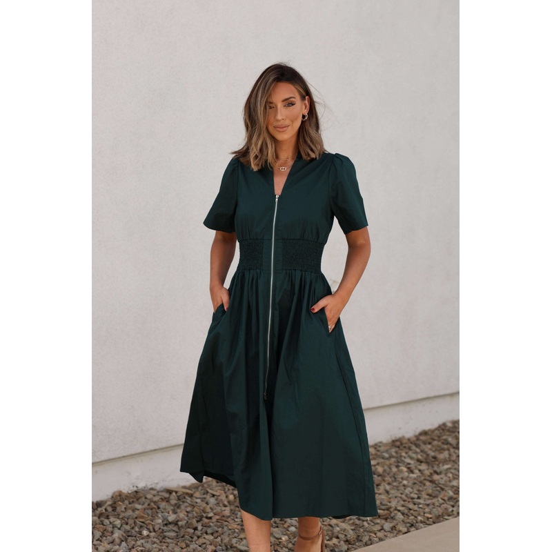 Sea Green Smocked Zip Midi Dress Small