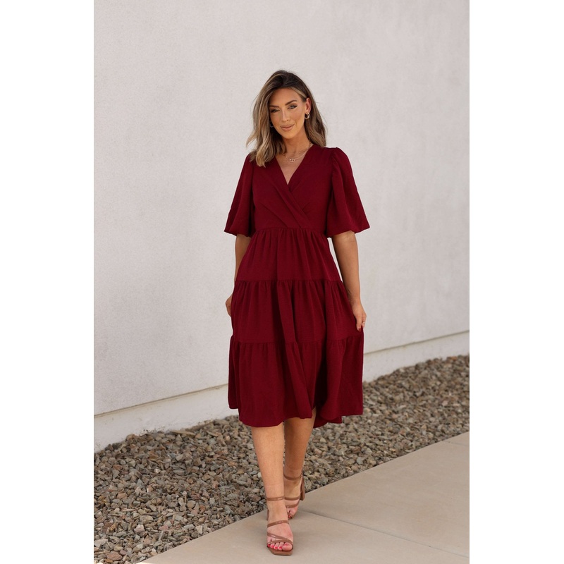 Wine Tiered Midi Wrap Dress Small
