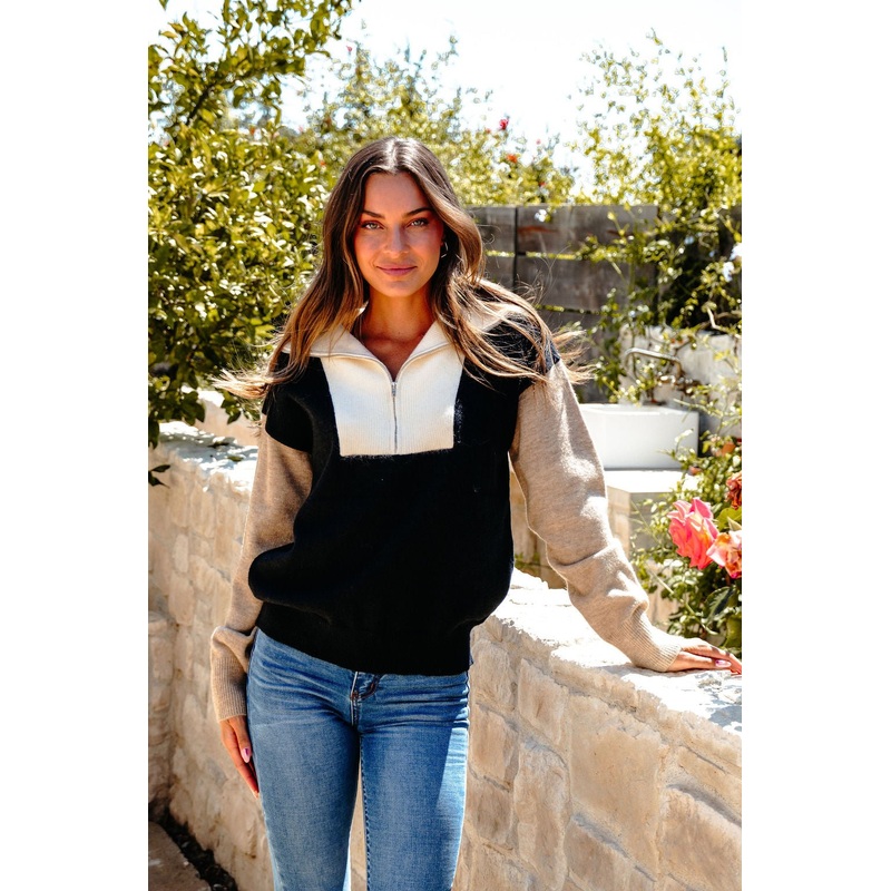 Black Color Block Half Zip Sweater Small