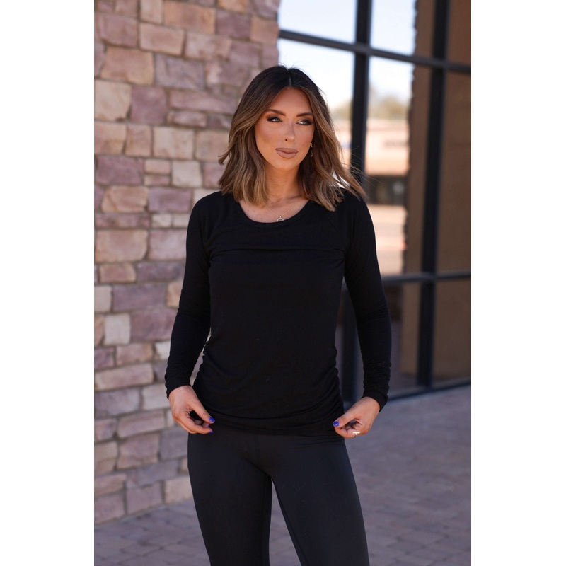 Black Ruched Sleeve Ribbed Top Small