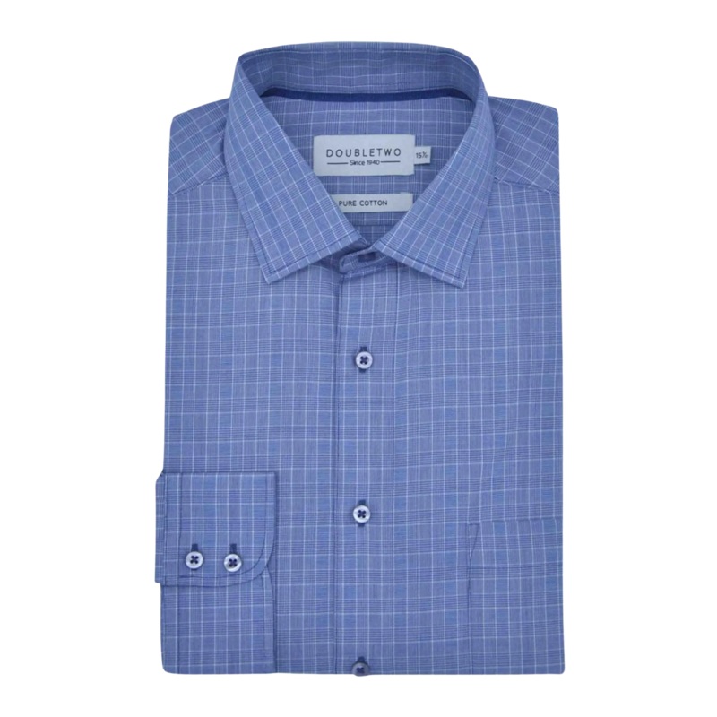 Double Two Navy Checkered Long Sleeve Formal Check Shirt Blue 18.5