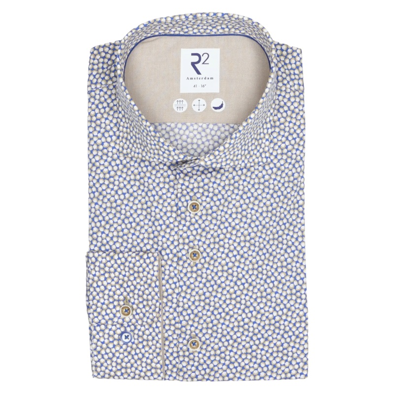 R2 Amsterdam Coffee Cup Print  Long Sleeve Shirt Blue/Sand 15.5