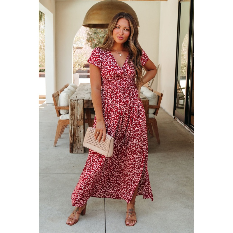 Sabrina Red and White Floral Maxi Dress Small
