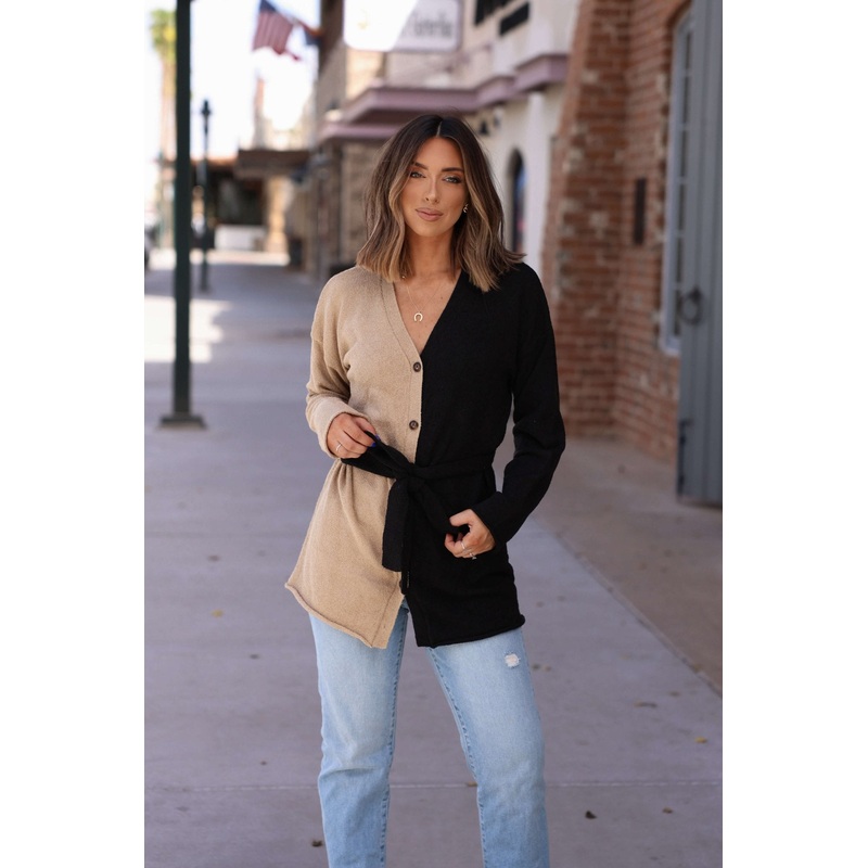 Sand Color Block Button Down Cardigan Small