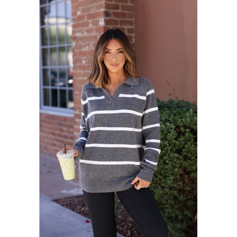 Suzanne Grey & White Striped Sweater | Pre Order Small