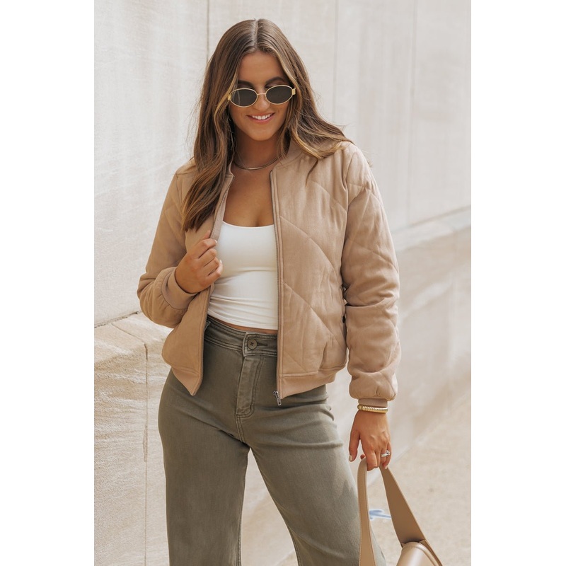 Tan Quilted Bomber Jacket Small