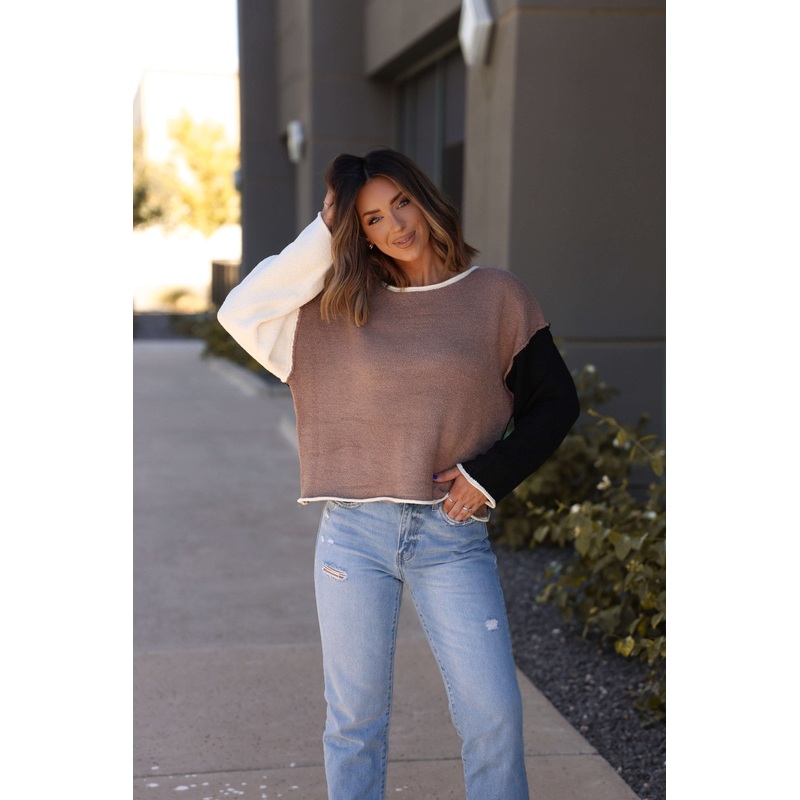 Taupe Color Block Textured Sweater Small