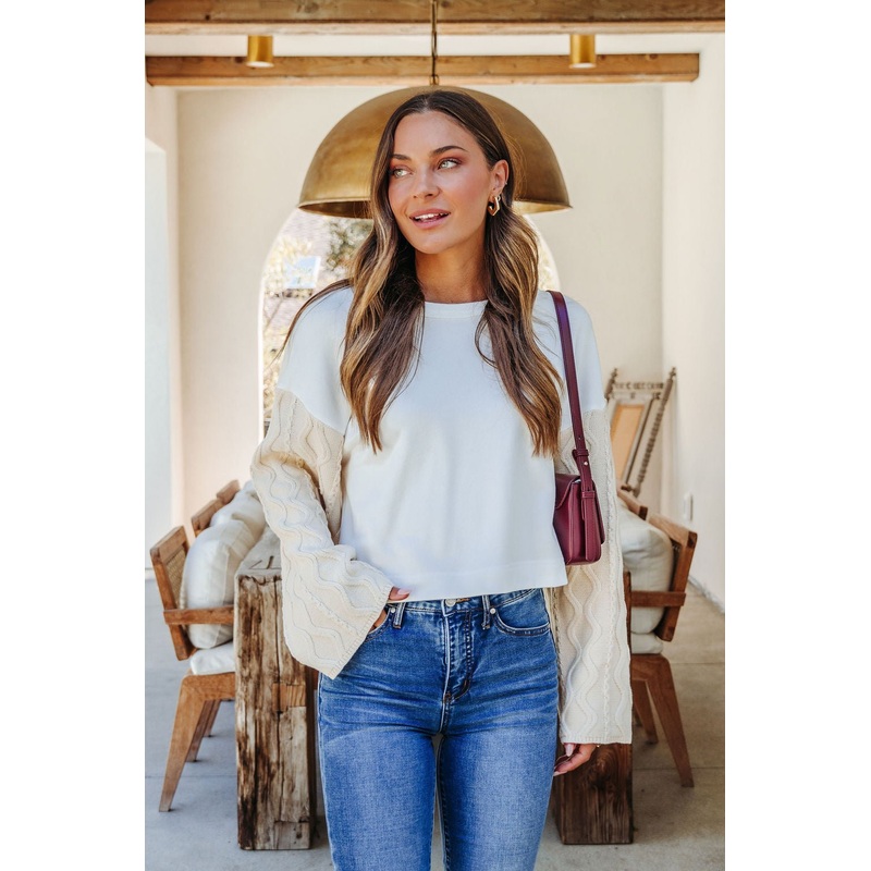 White Cable Knit Sweater Sleeve Top Small