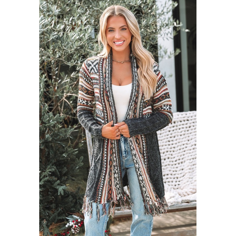 Black Tribal Print Fringe Duster Cardigan Small/Medium