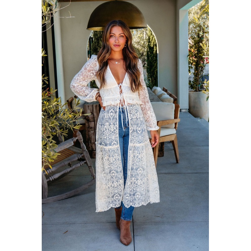 Cream Lace Tie Duster Cardigan Small