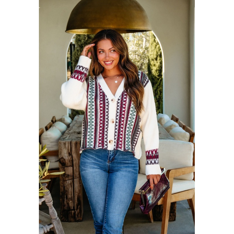 Cream Multi Ethnic Print Button Down Cardigan Small