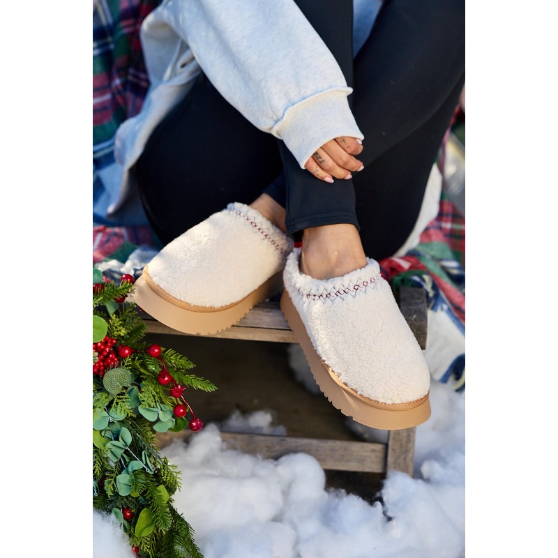 Off White Sherpa Platform Slippers 5.5