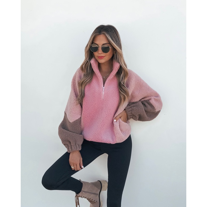 Pink Color Block Sherpa Jacket Small