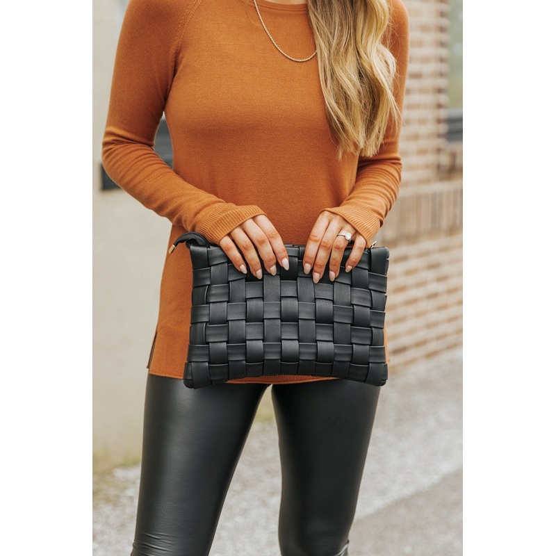 Valentina Black Vegan Leather Woven Clutch