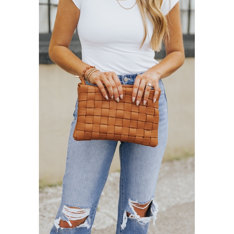 Valentina Brown Vegan Leather Woven Clutch